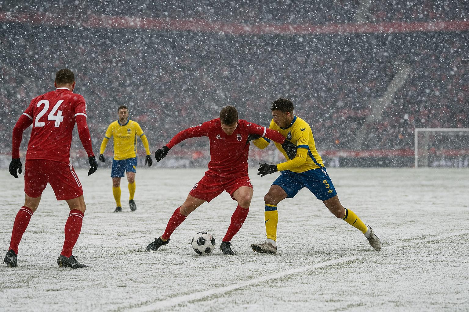 Wedstrijdbeeld van Royal Antwerp FC tegen KVC Westerlo op een besneeuwd veld op de Bosuil