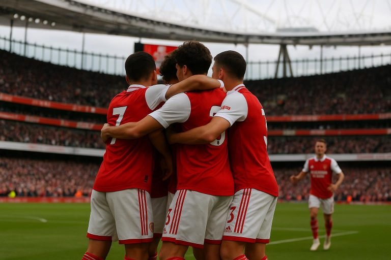 Arsenal-spelers vieren een doelpunt in de FA Cup tegen Wigan Athletic in het Emirates Stadium.