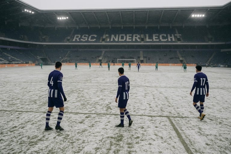 Sneeuw op het veld in het Lotto Park tijdens Anderlecht tegen La Louvière