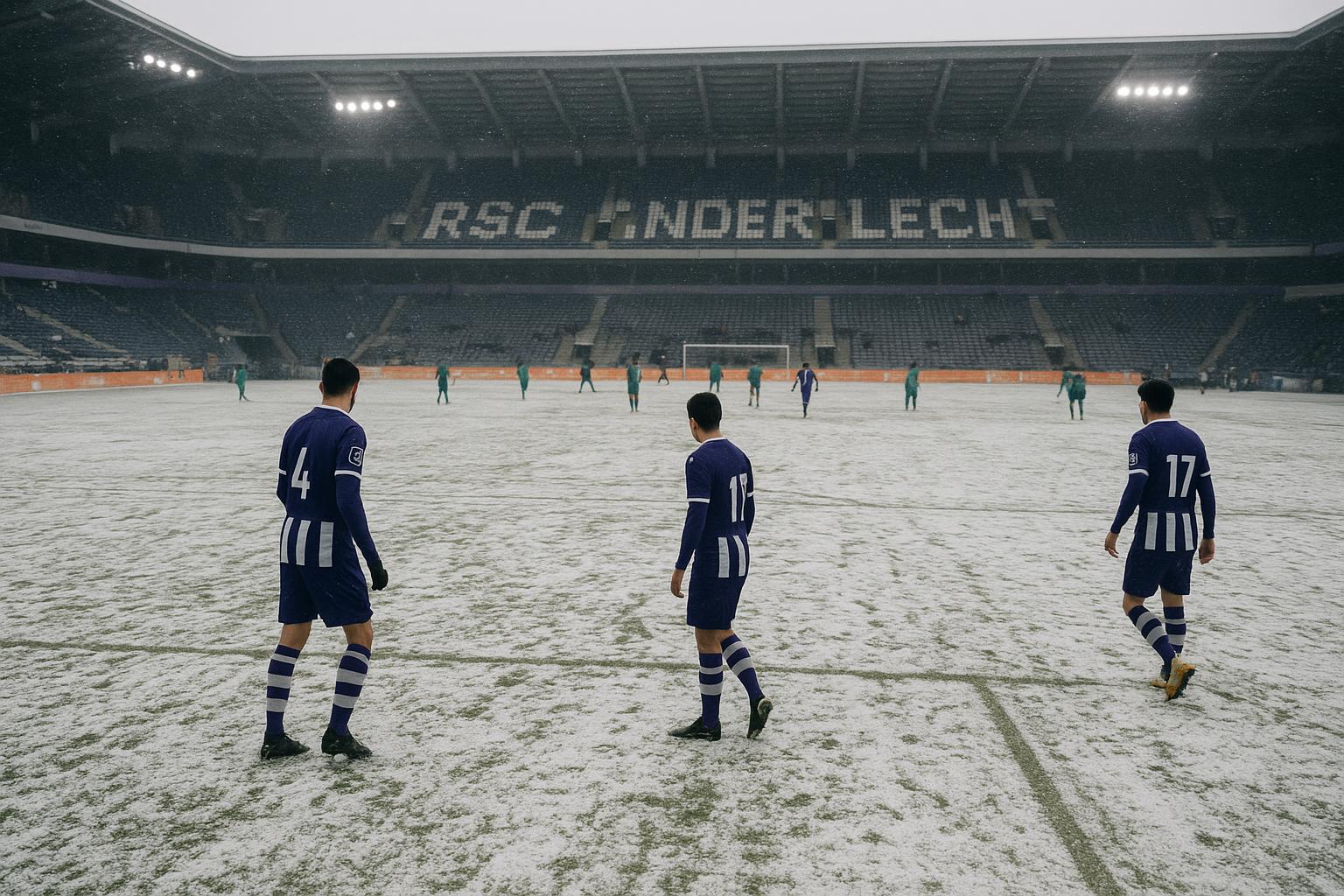 Sneeuw op het veld in het Lotto Park tijdens Anderlecht tegen La Louviรจre