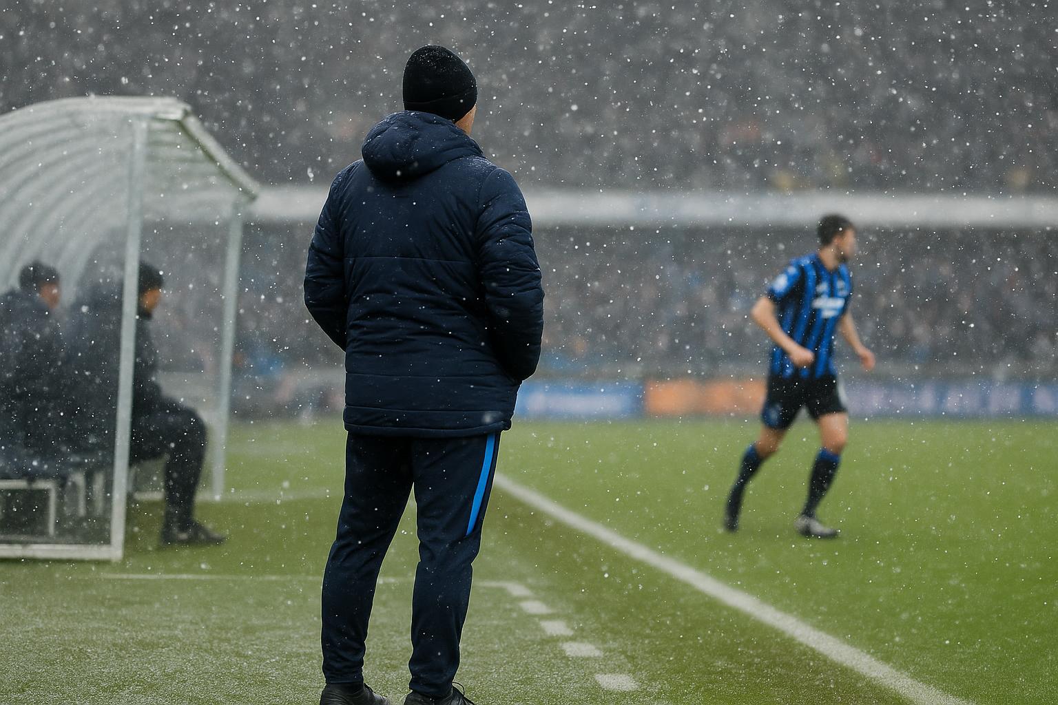 Ivan Leko langs de zijlijn bij Club Brugge tijdens een wedstrijd in winterse omstandigheden