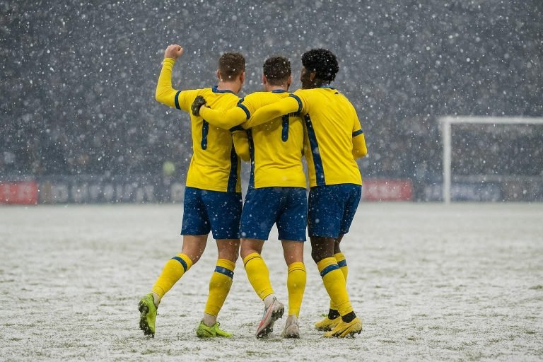 Spelers van STVV vieren een doelpunt in de sneeuw op Stayen tegen Zulte Waregem