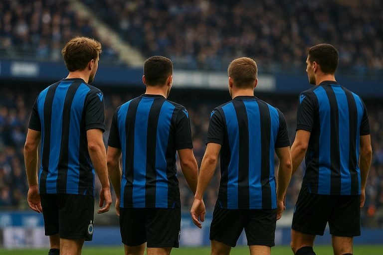 Spelers van Club Brugge vieren een doelpunt in het stadion tijdens een competitiewedstrijd