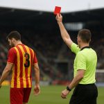 Een speler van Go Ahead Eagles verlaat teleurgesteld het veld na een rode kaart in De Kuip.