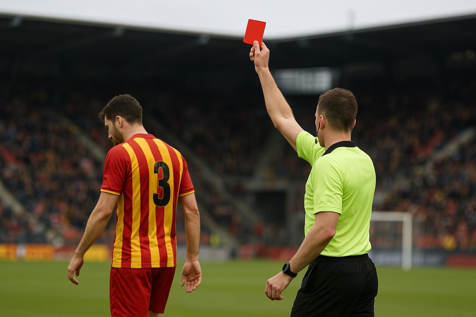 Een speler van Go Ahead Eagles verlaat teleurgesteld het veld na een rode kaart in De Kuip.