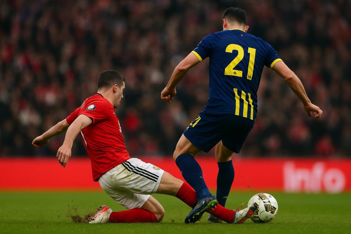 Spelmoment in Standard-Union op Sclessin met duel in de slotfase