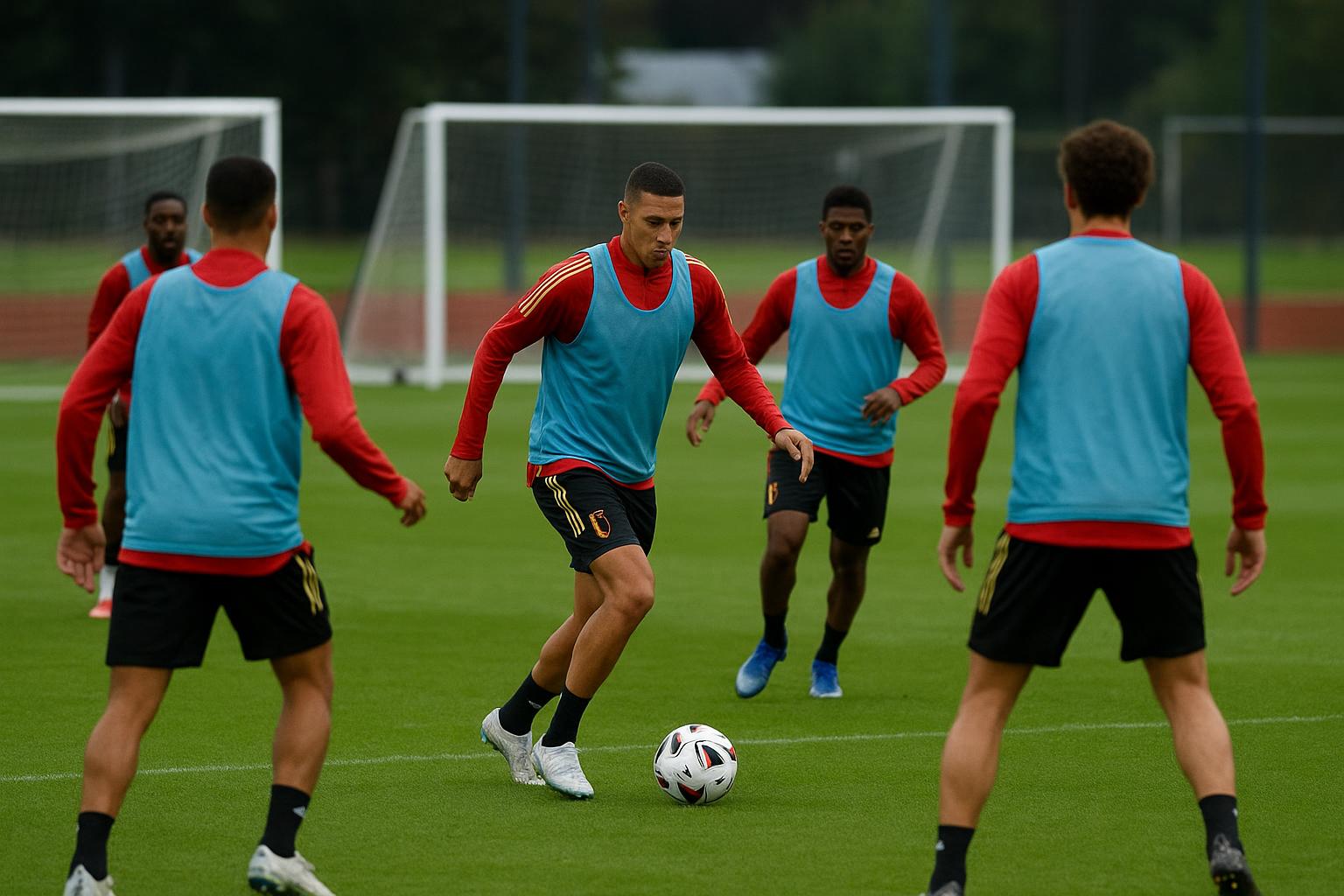 Spelers van de Rode Duivels tijdens een trainingssessie in aanloop naar een interlandstage.