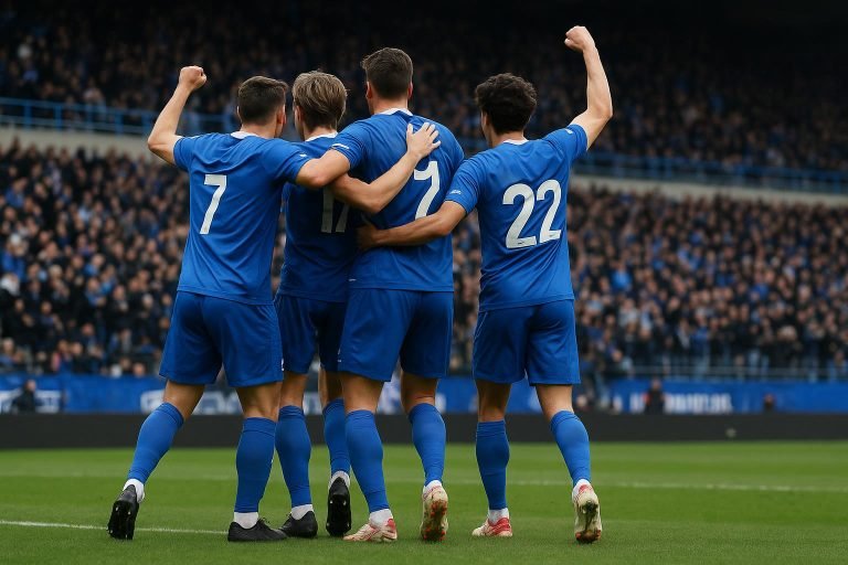Spelers van KRC Genk vieren een overwinning op het veld