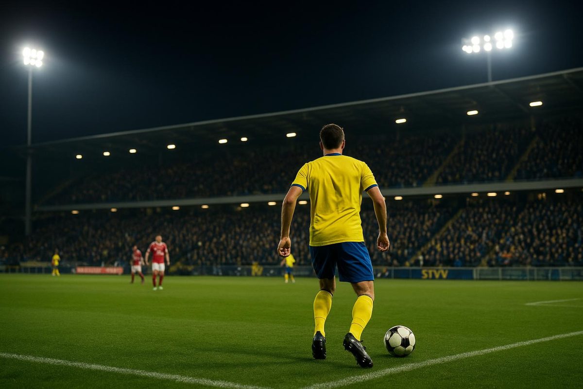 Sfeerbeeld in het stadion bij STVV tegen Zulte Waregem met tribunes en veld op de achtergrond