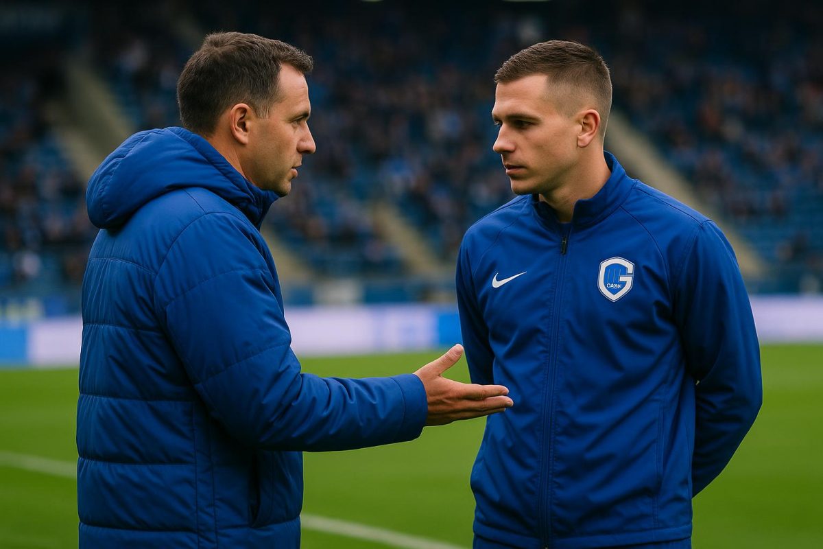 Bryan Heynen en trainer Nicky Hayen bij KRC Genk tijdens een moment langs de zijlijn