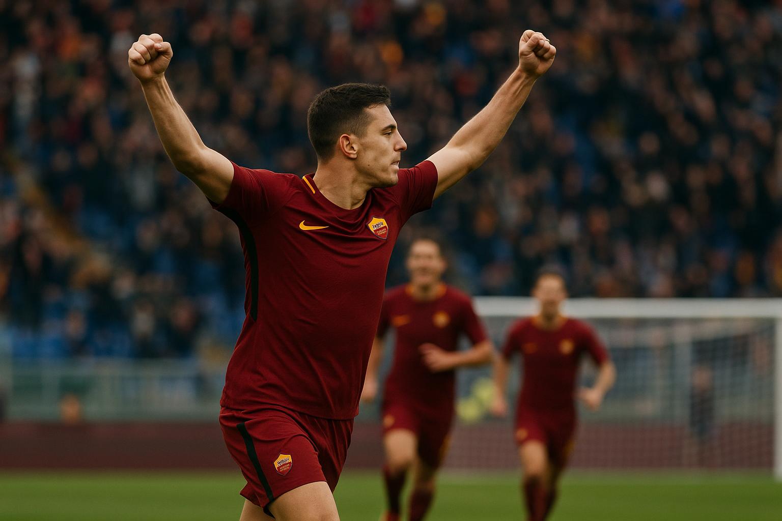 Donyell Malen viert een doelpunt voor AS Roma in de Serie A