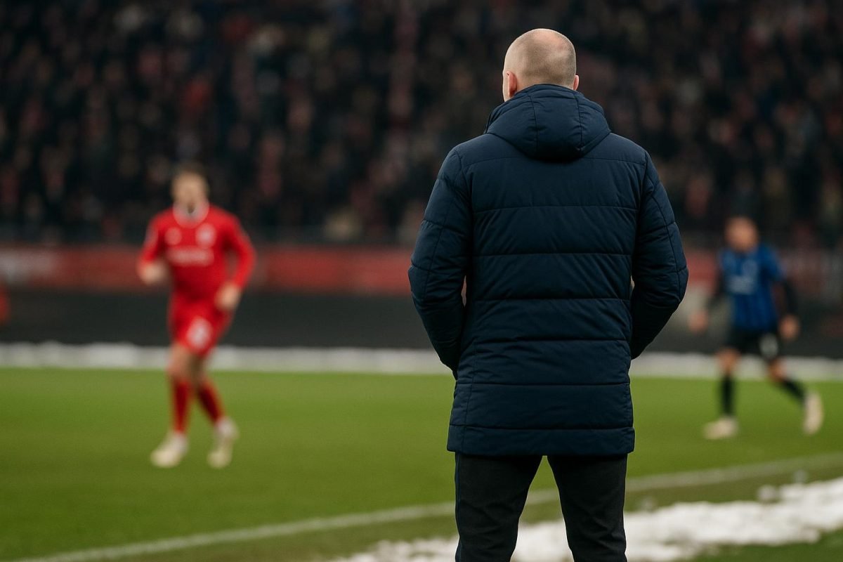 Joseph Oosting langs de zijlijn bij Royal Antwerp FC in winterse omstandigheden