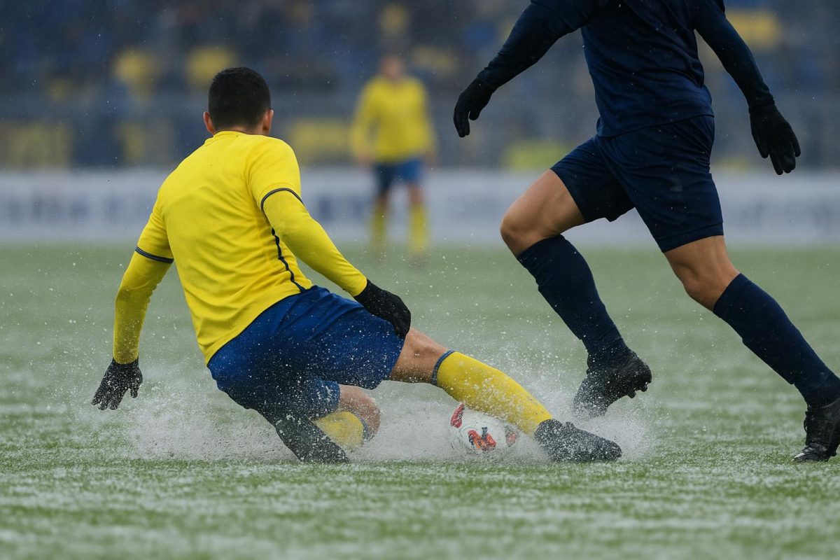 Spekglad voetbalveld tijdens STVV tegen Zulte Waregem, met spelers op afstand in winterse omstandigheden