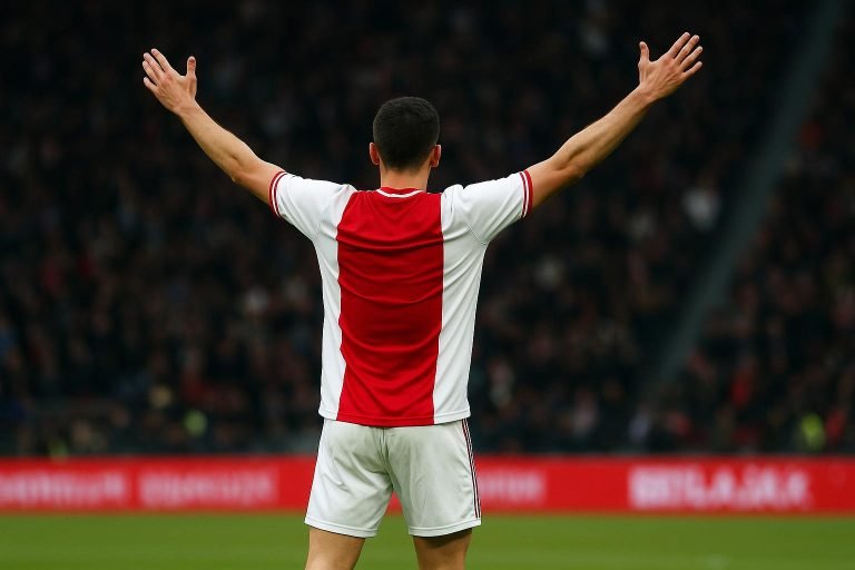 Mika Godts van Ajax viert een doelpunt tijdens een wedstrijd in de Eredivisie.