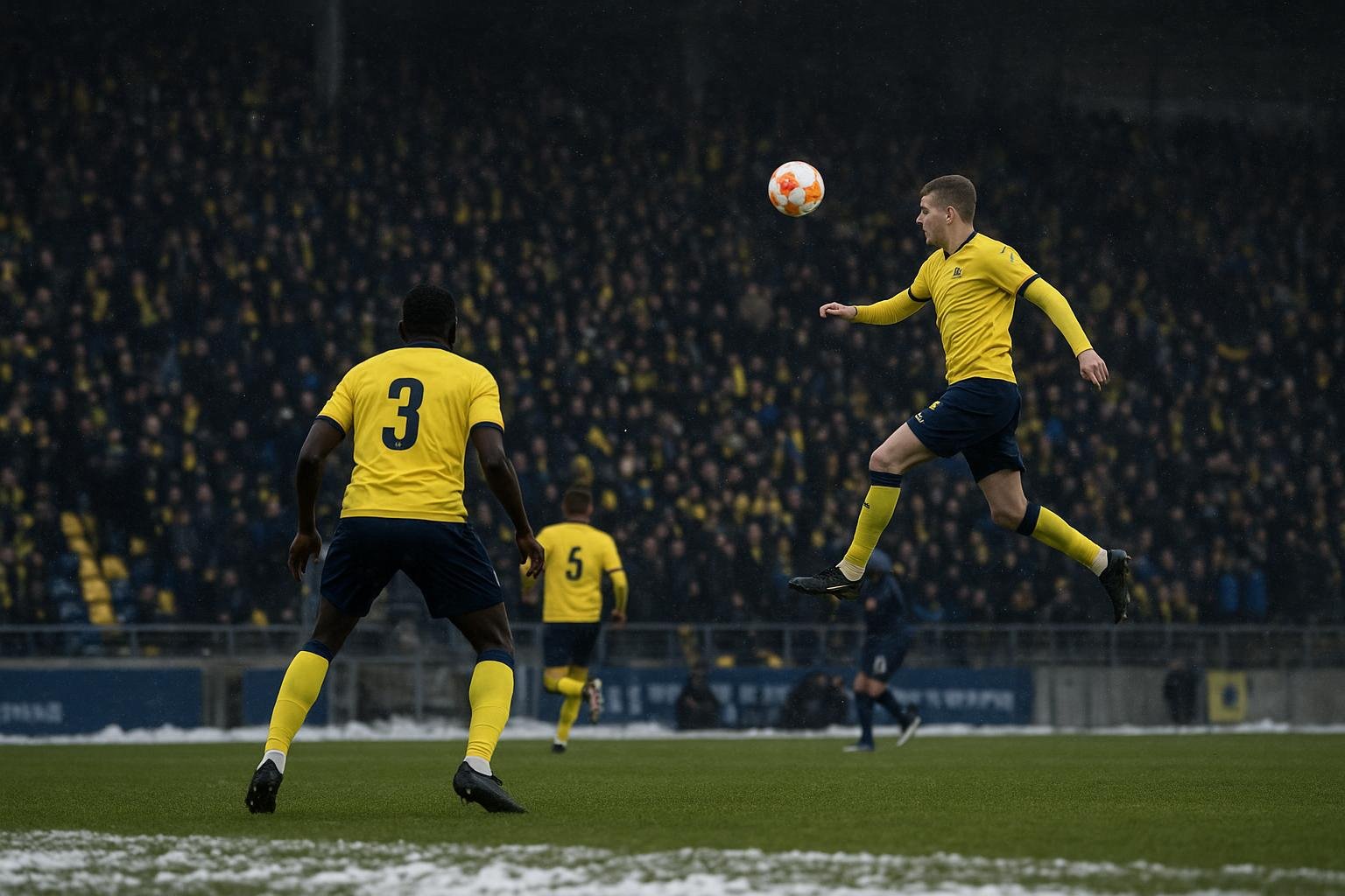 Sfeerbeeld in het stadion van STVV tijdens een winterse wedstrijd
