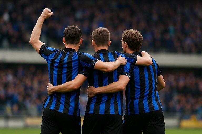 Spelers van Club Brugge vieren een doelpunt in de Brugse derby tegen Cercle