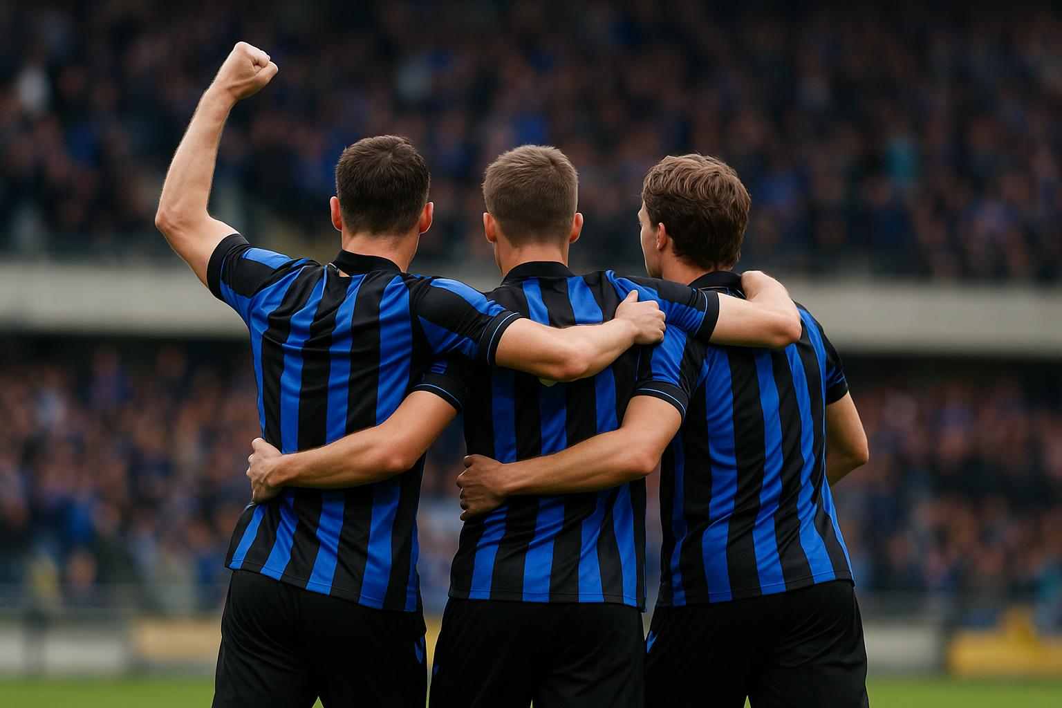 Spelers van Club Brugge vieren een doelpunt in de Brugse derby tegen Cercle