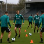 Spelers van Feyenoord tijdens een training op een veld in België