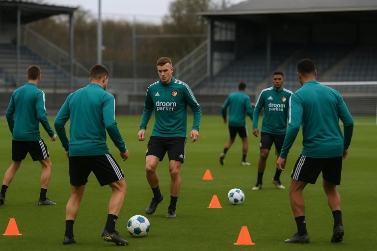 Spelers van Feyenoord tijdens een training op een veld in België