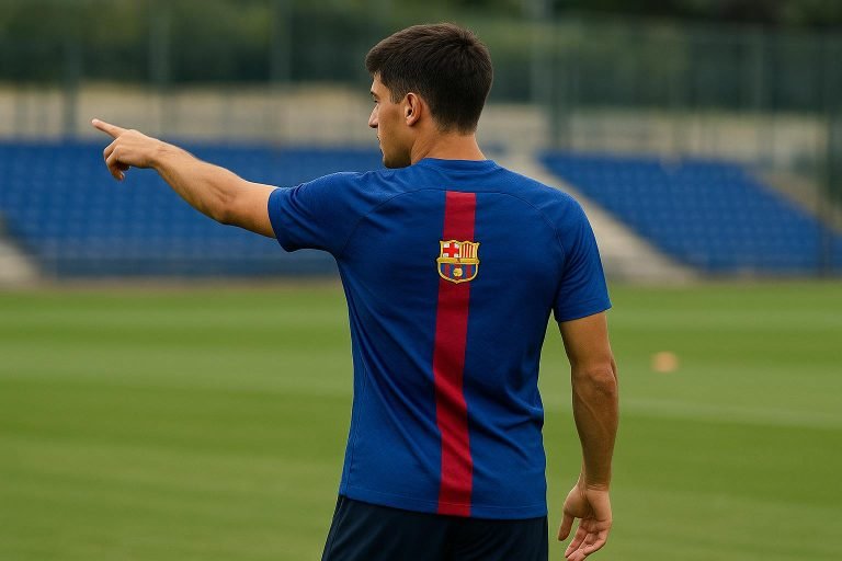 Pau Cubarsí van FC Barcelona tijdens een trainingsmoment, gezien vanop de rug