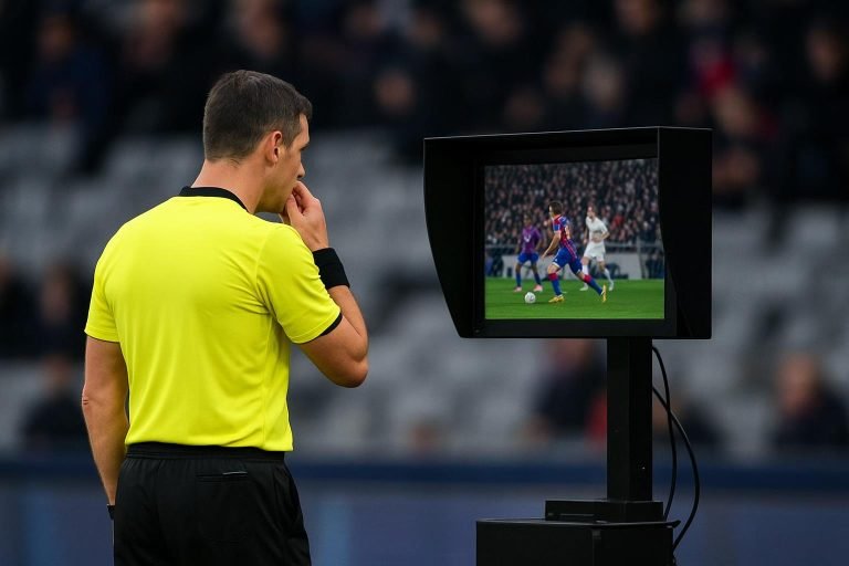 Scheidsrechter Nathan Verboomen in een VAR-context tijdens STVV tegen Zulte Waregem