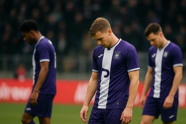 Teleurgestelde spelers van RSC Anderlecht in het Lotto Park tijdens een wedstrijd in de Jupiler Pro League