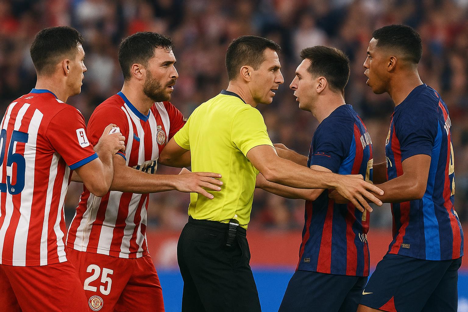 Spelers van Girona en Barcelona in een duel tijdens het competitieduel, met Axel Witsel in beeld.