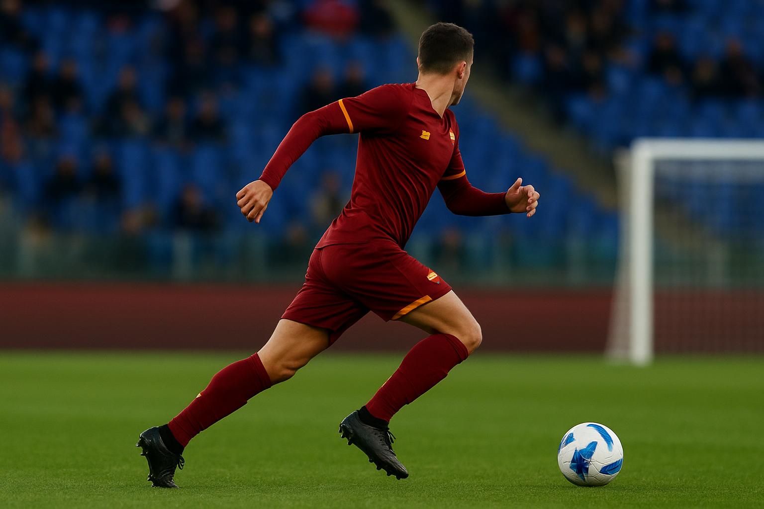 Donyell Malen in actie voor AS Roma tijdens een wedstrijd, gezien vanop afstand zonder herkenbare gezichten.