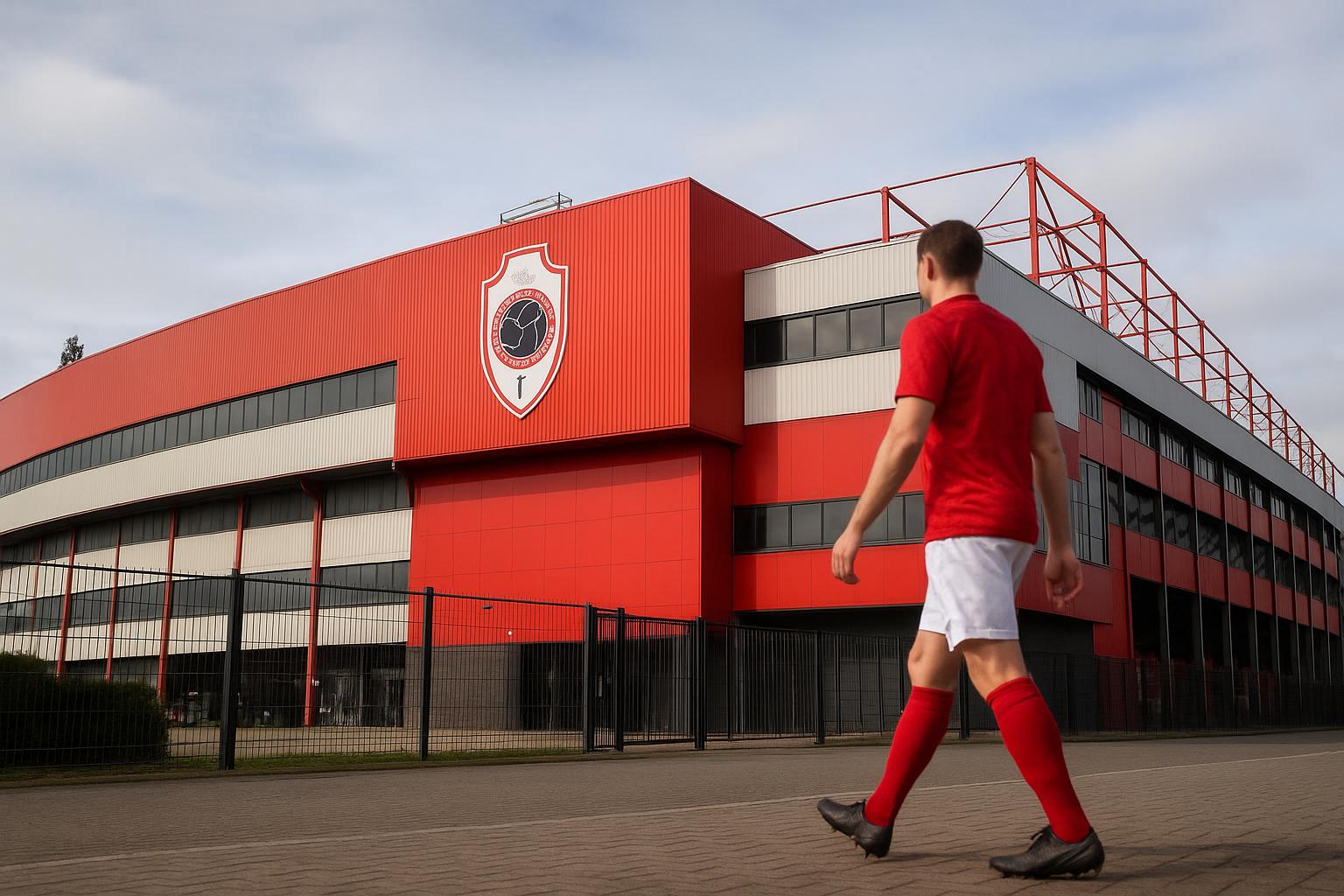 Sfeershot rond het stadion in Antwerpen met verwijzing naar Marc Overmars en de sportieve staf