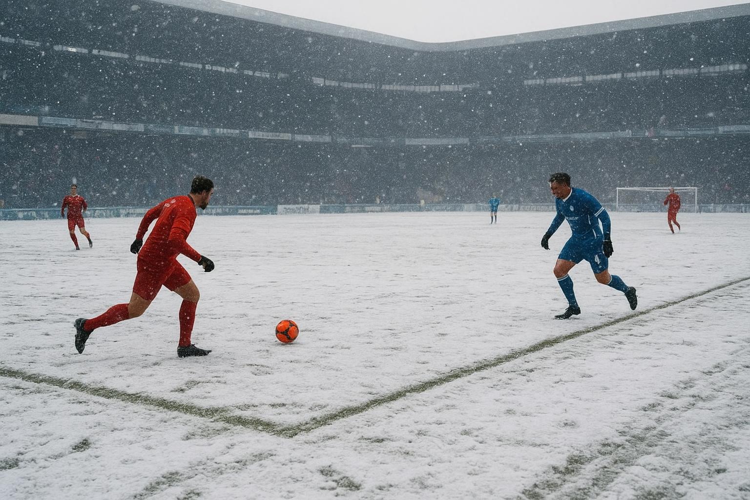 Sneeuw op een voetbalveld in de Jupiler Pro League terwijl lijnen worden vrijgemaakt