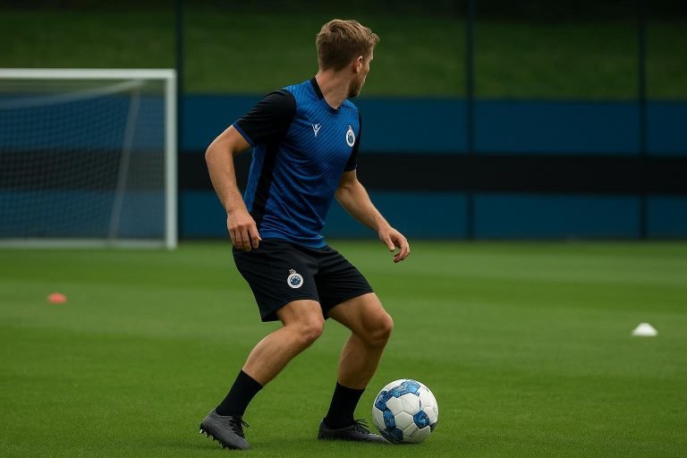 Spelmoment op training bij Club Brugge met focus op een middenvelder, zonder herkenbare gezichten.