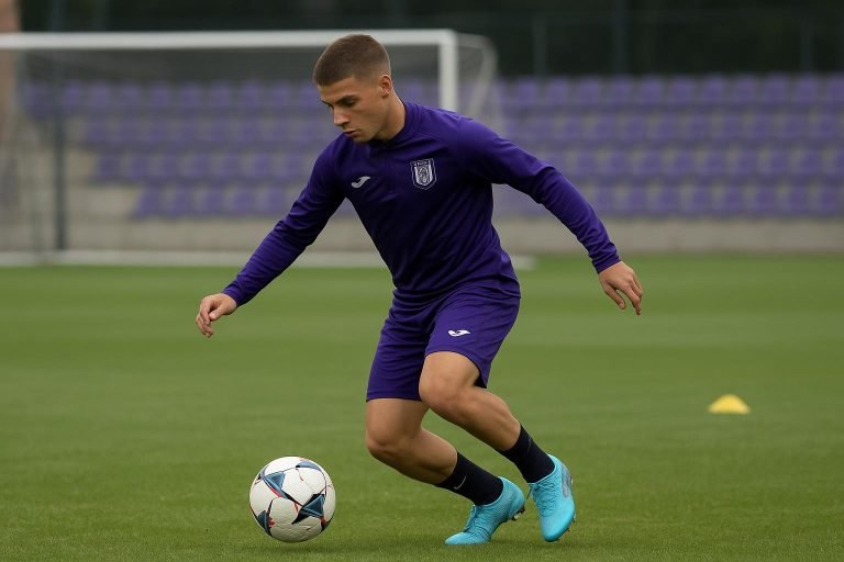 Training bij Anderlecht met focus op een jonge middenvelder, zonder herkenbare gezichten.