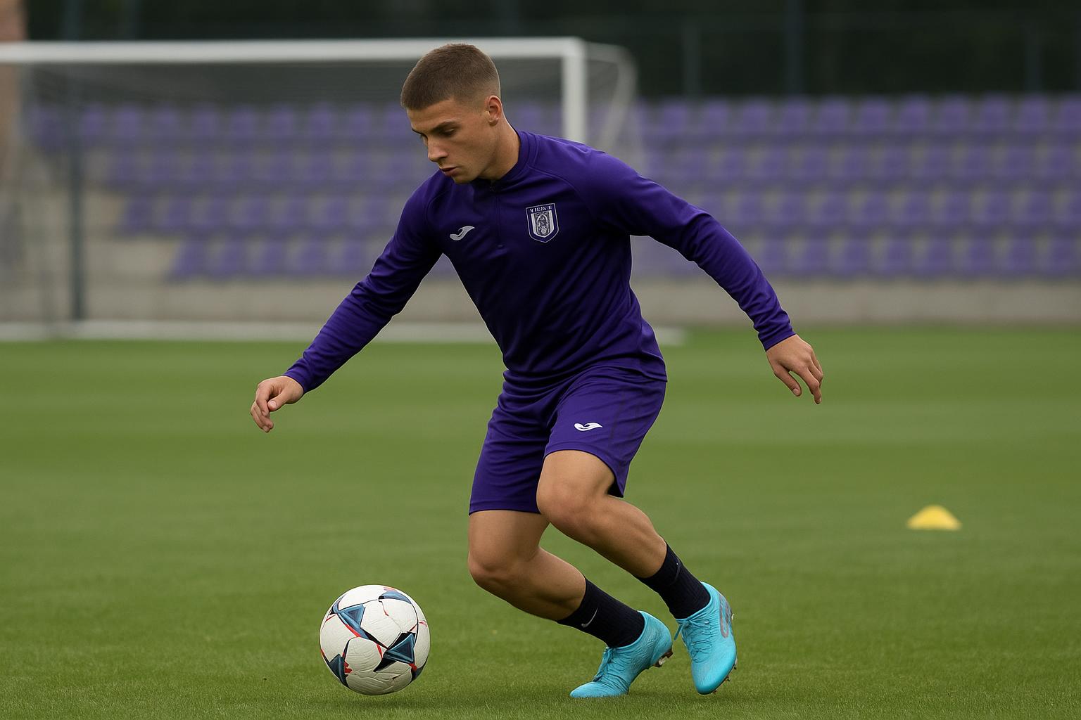 Training bij Anderlecht met focus op een jonge middenvelder, zonder herkenbare gezichten.