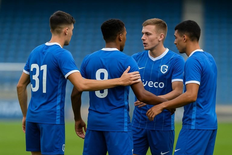 Spelers van KRC Genk vieren samen op het veld na een doelpunt