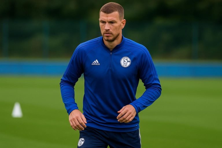 Edin Dzeko in trainingsoutfit van Schalke 04 tijdens een sessie op het oefenveld