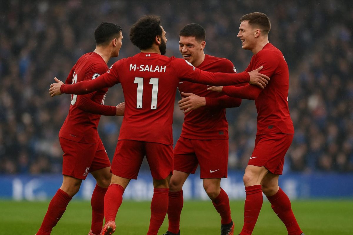 Liverpool viert een moment in de FA Cup-wedstrijd tegen Brighton, met focus op Salah zonder herkenbare gezichten.
