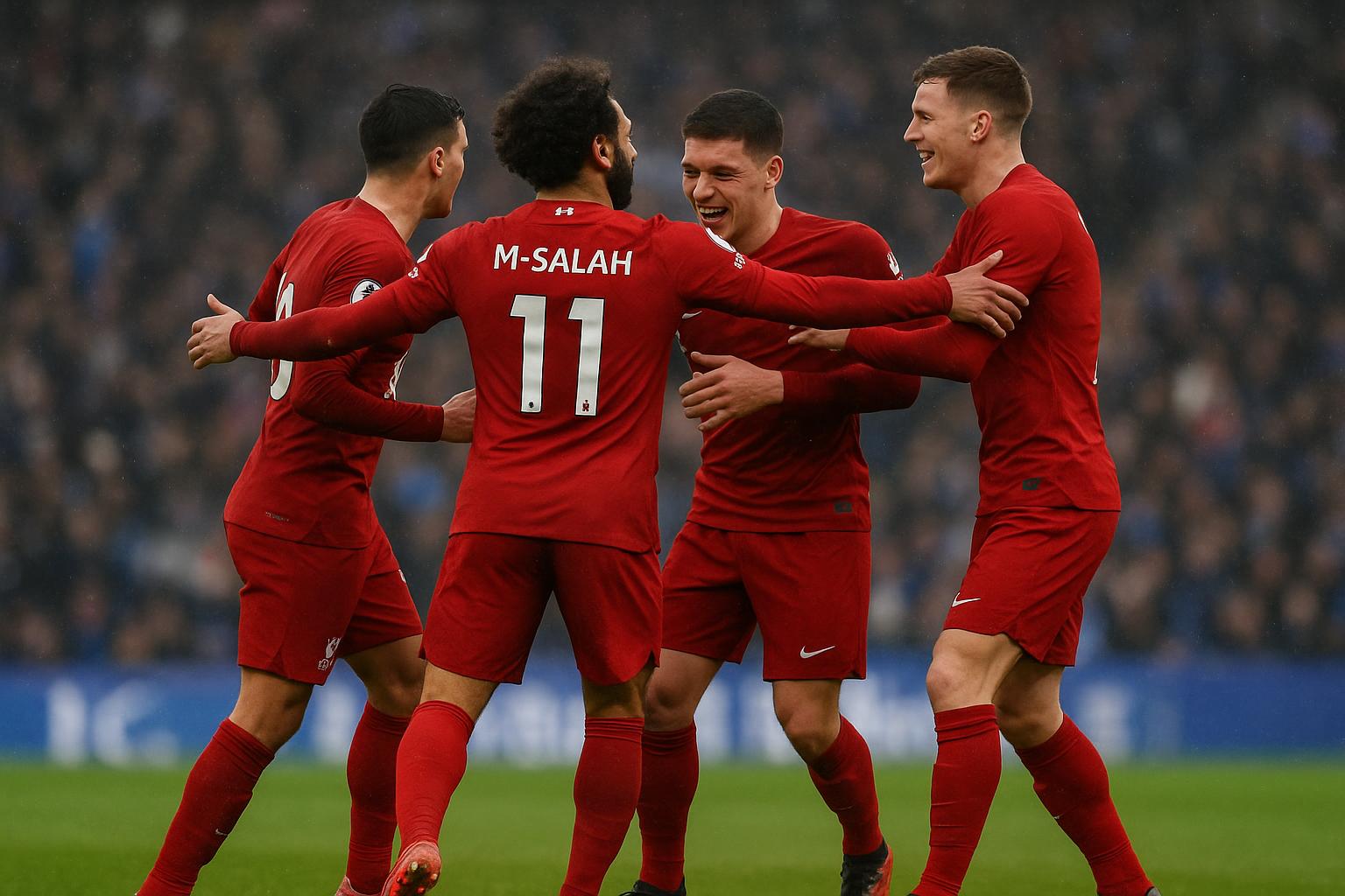 Liverpool viert een moment in de FA Cup-wedstrijd tegen Brighton, met focus op Salah zonder herkenbare gezichten.