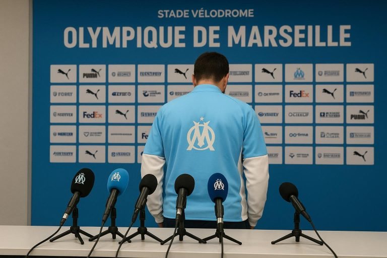 Habib Beye in een persmoment in het Stade Vélodrome in Marseille