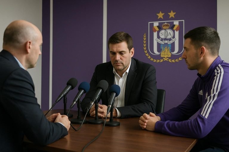 Kenneth Bornauw van RSC Anderlecht in gesprek in clubcontext rond Nathan De Cat
