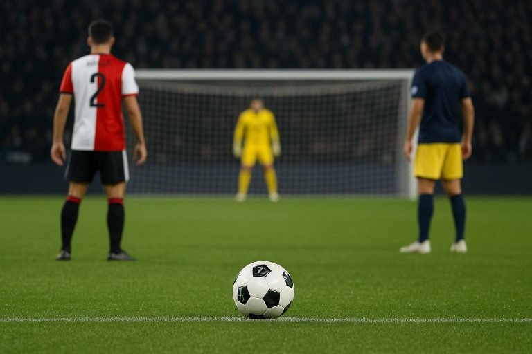 Spelmoment in een stadionomgeving rond een strafschop, zonder herkenbare gezichten
