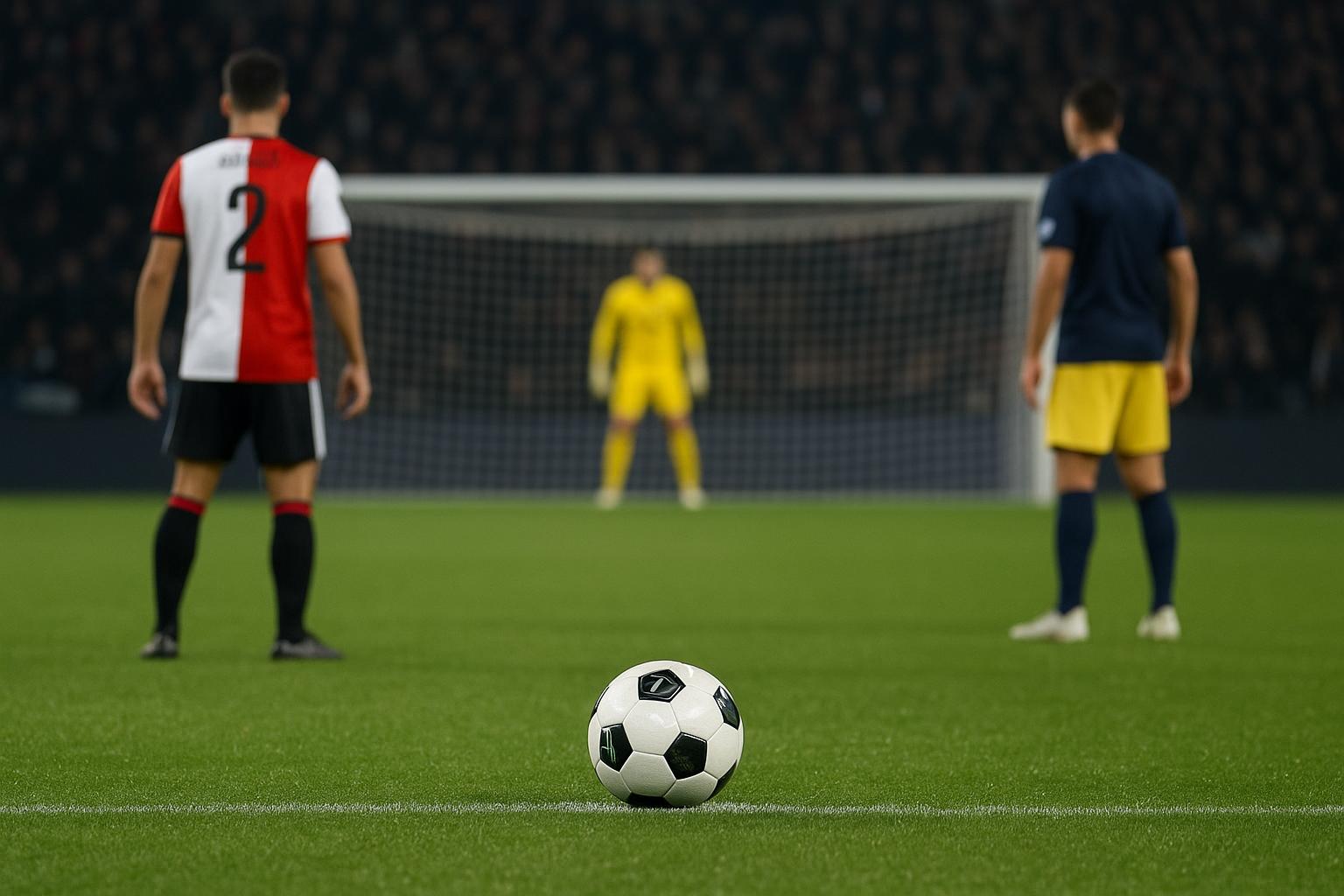 Spelmoment in een stadionomgeving rond een strafschop, zonder herkenbare gezichten