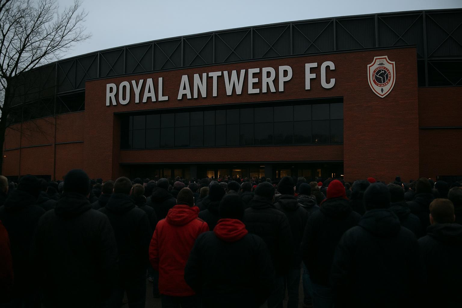 Sfeerbeeld aan de Bosuil bij Royal Antwerp FC, met focus op de onrust rond het bestuur