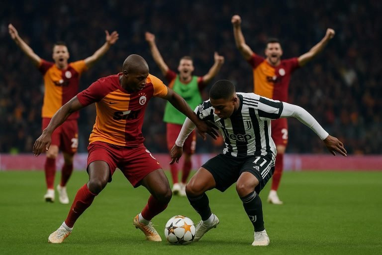Noa Lang viert een doelpunt voor Galatasaray tegen Juventus in de Champions League-play-offs
