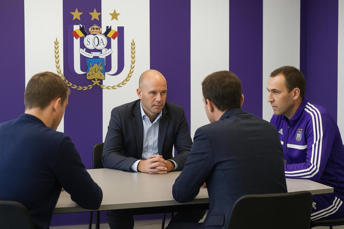 Bestuursmoment bij RSC Anderlecht met clubfiguren in gesprek