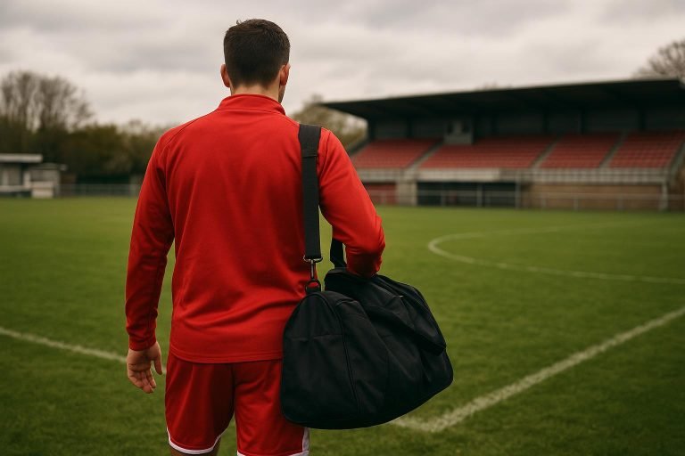Een defensieve speler in trainingsoutfit in een neutrale setting, zonder herkenbare gezichten