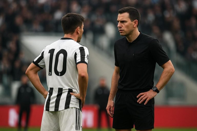 Juventus-officials discuss with the referee near the tunnel, no faces clearly visible