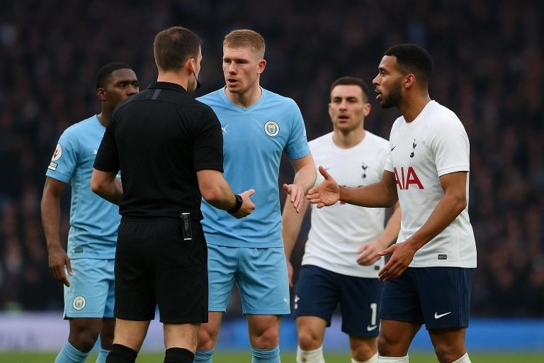 Spelers van Manchester City in discussie met de scheidsrechter tijdens een Premier League-wedstrijd