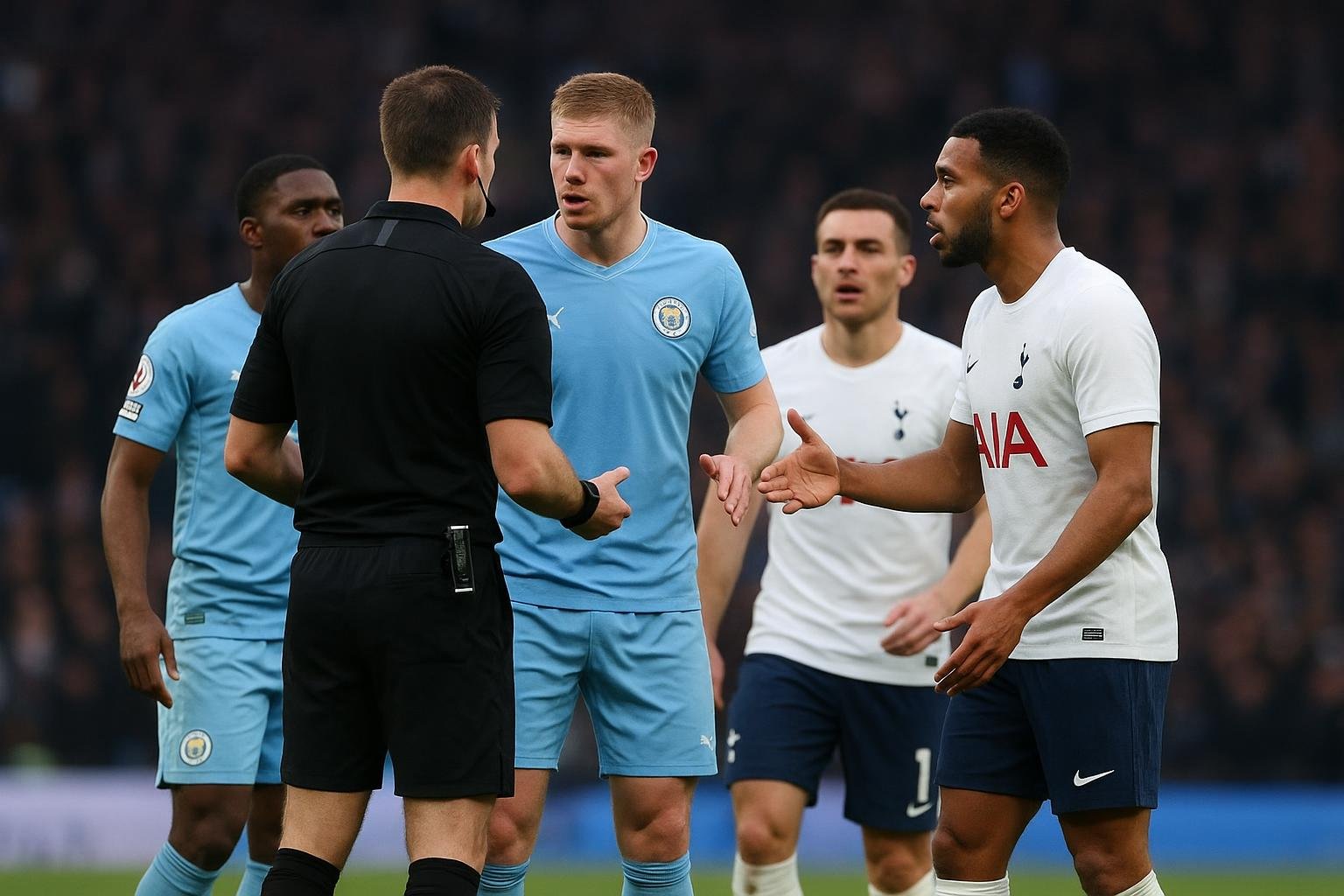 Spelers van Manchester City in discussie met de scheidsrechter tijdens een Premier League-wedstrijd
