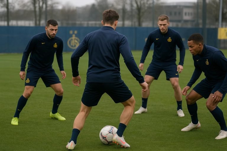 Sfeerbeeld bij Union SG met spelers op het trainingsveld