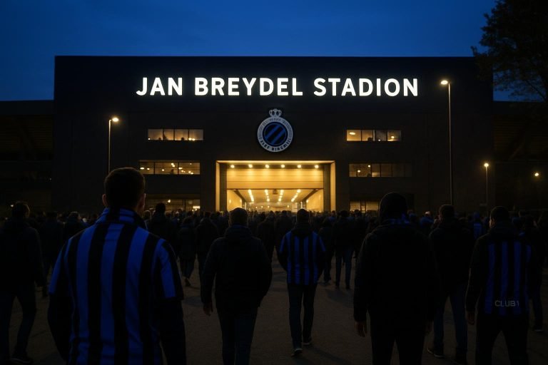 Avondbeeld rond het Jan Breydelstadion in Brugge in aanloop naar een Champions League-wedstrijd